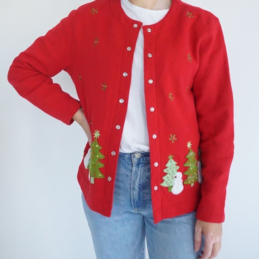 Vintage Classic Elements Red Embroidered Christmas Snowman Button Cardigan M
